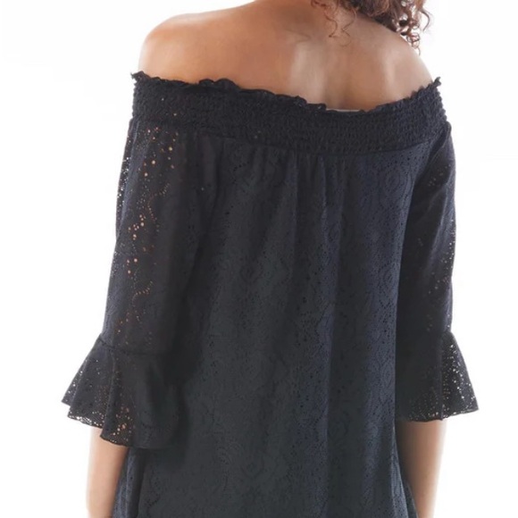 Beach House Size Small Smocked Dress/Cover -up Black lacy bell sleeves NWT - Picture 2 of 9